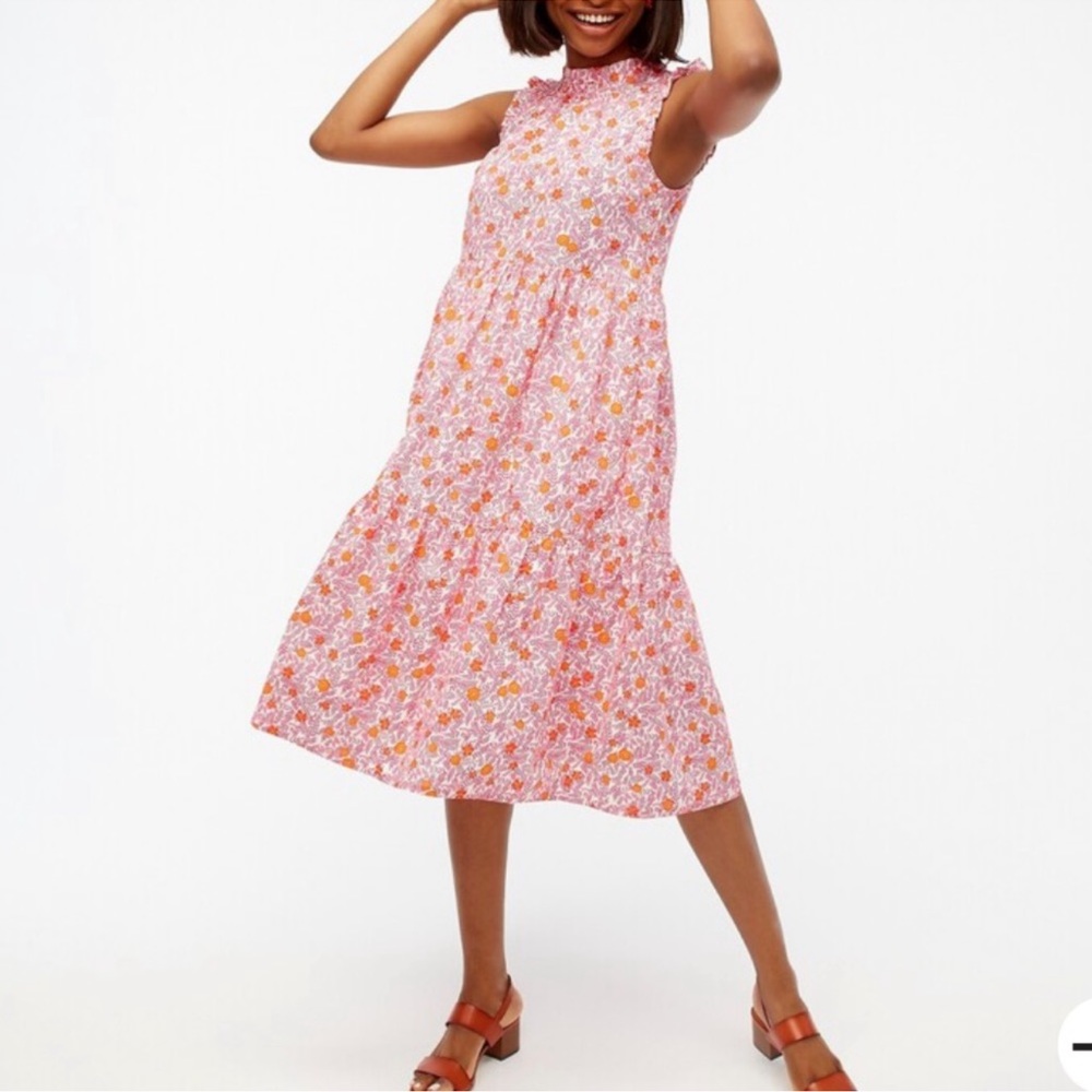 J. Crew Tiered Ruffle MIDI Orange Pink Floral Poplin Dress EC SZ6